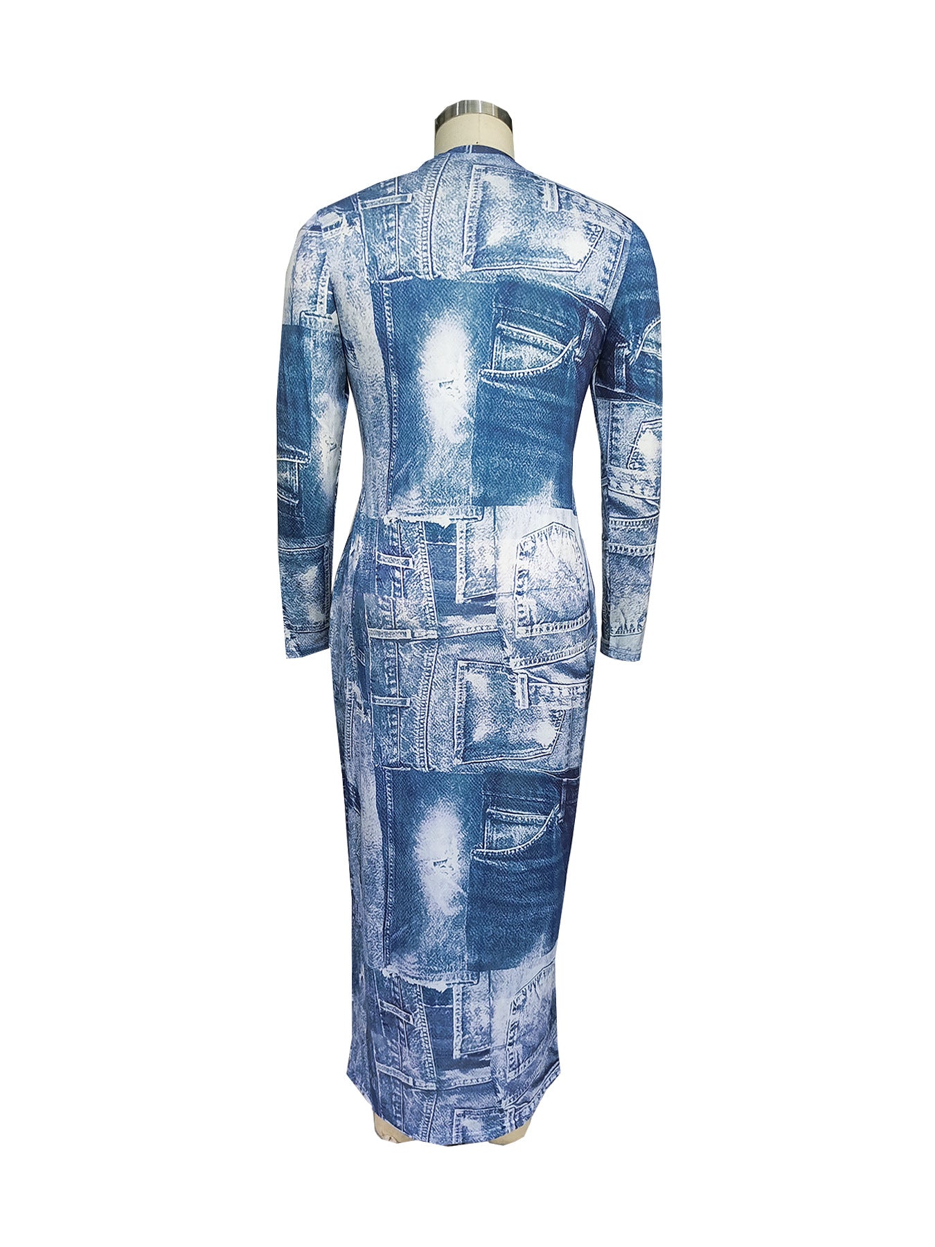 Plus size Women's Autumn winter Round Neck Long Sleeve Denim Pattern Print Slim Long Dress 5