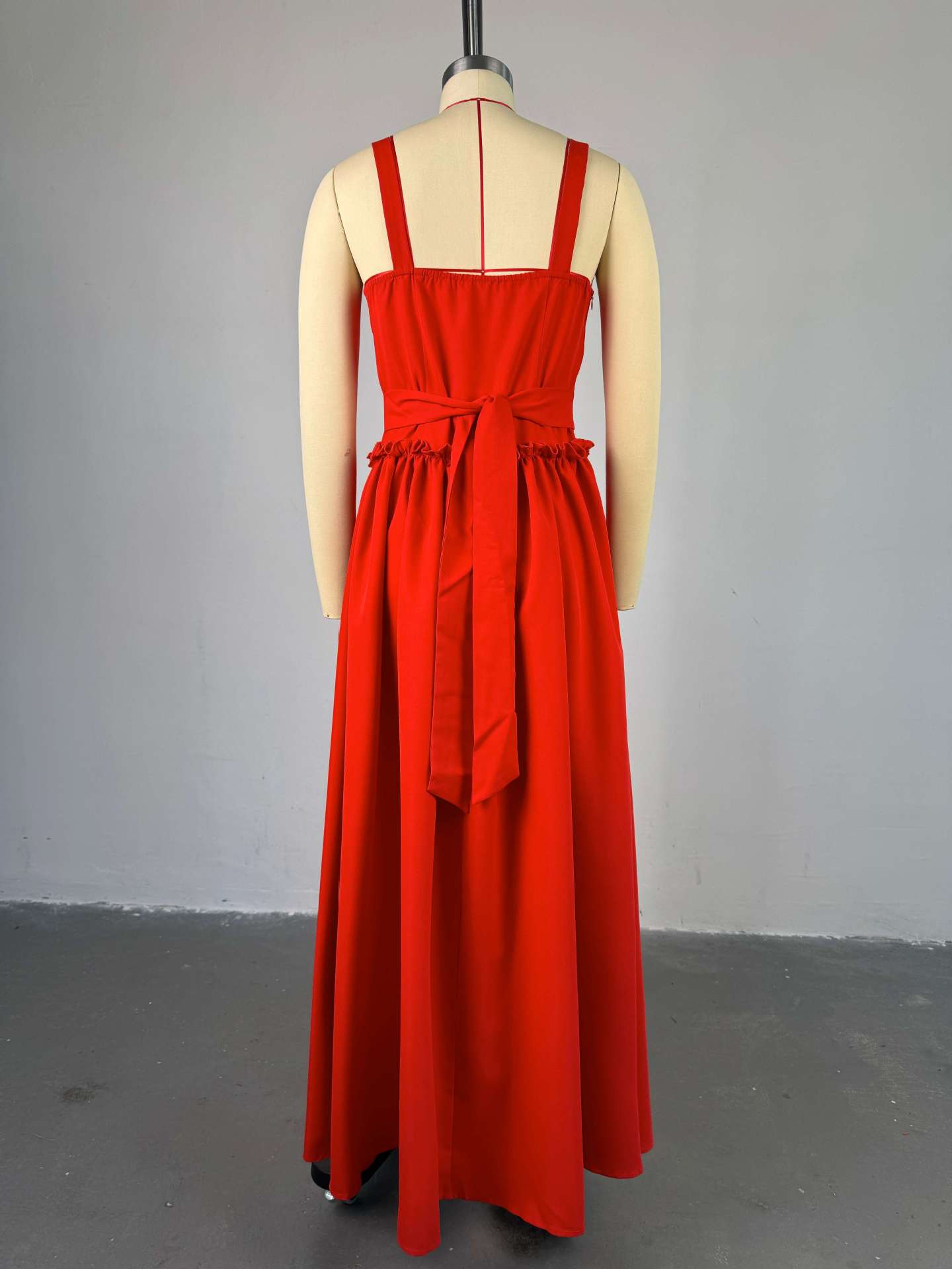 Women's spring strap lace-up v-neck high waist A-line long dress 5