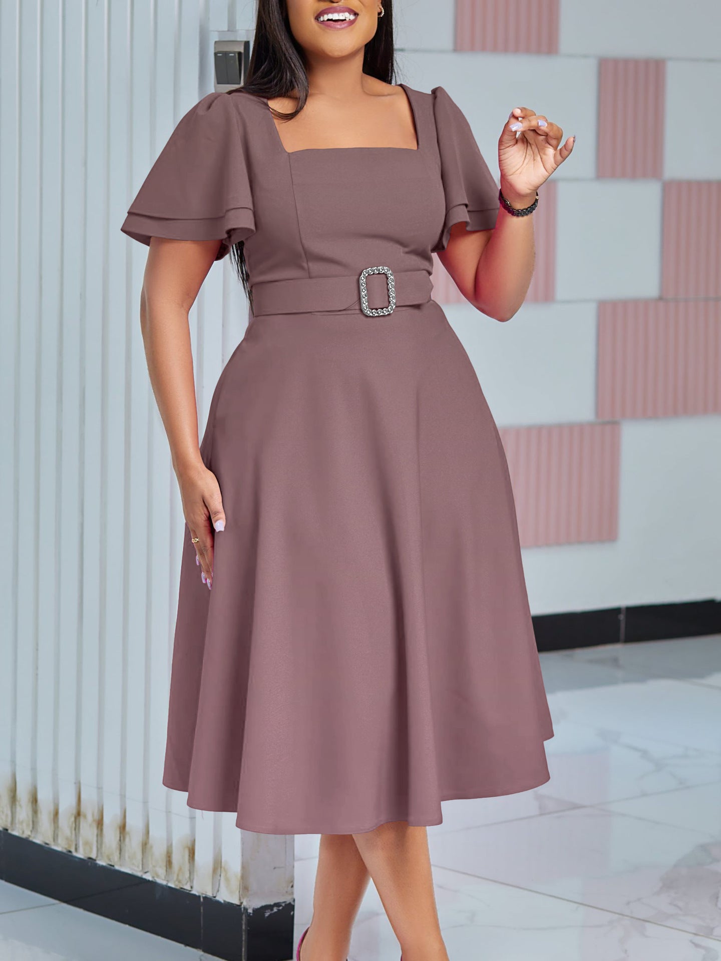 Bell Sleeve Square Neck High Waist Elegance Dress 6