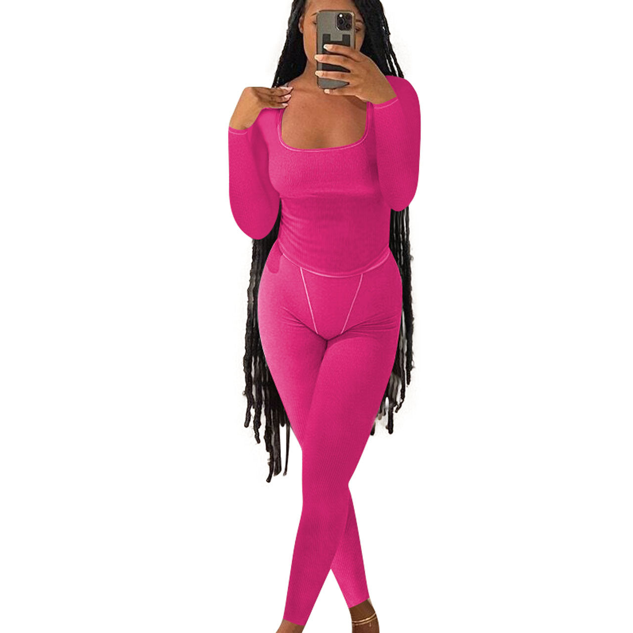 Women's Fashion Casual Ribbed Solid Color Slim Fit Two-Piece Pants Set 8