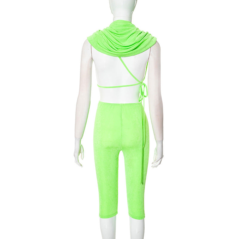 Spring Summer Hooded Top and Knee-Length Shorts Two-Piece Set for Women 6