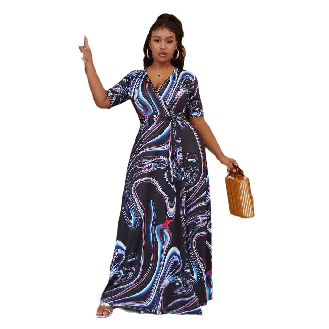 Plus Size Women Bohemian Tie Dye Casual Slit Beach Short Sleeve Dress 12
