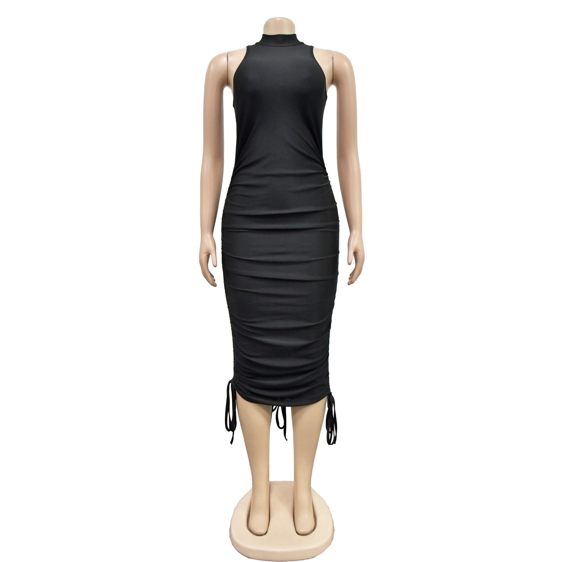 Women's Fashion Solid Color Sexy Sleeveless Low Back Pleated Drawstring Bodycon Dress 9