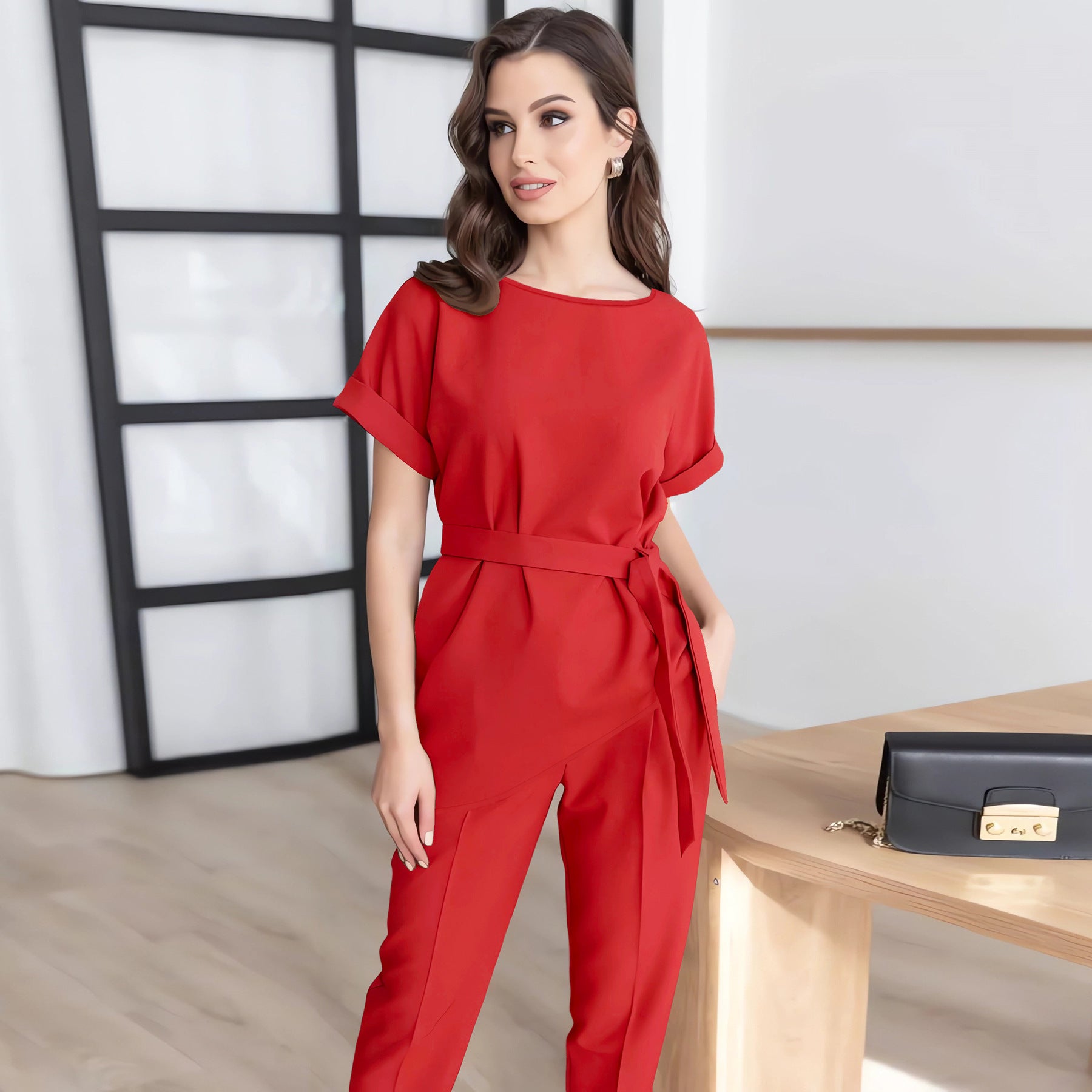 Career Women's Round Neck Short Sleeve Belt Top Set Long Pants Fashion Casual Two Piece Set 7