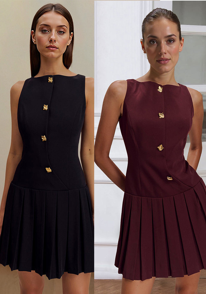 Spring Summer women's  solid color sleeveless Slim Waist pleated short dress