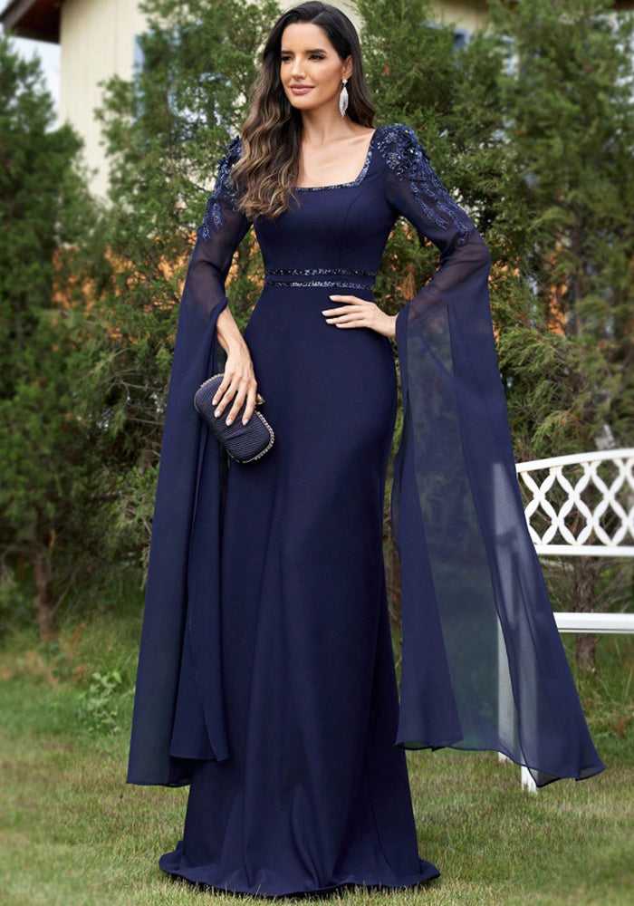 Women's Formal Cocktail Evening Chic Square Neck Long Sleeve Floor Length Chiffon Evening Dress