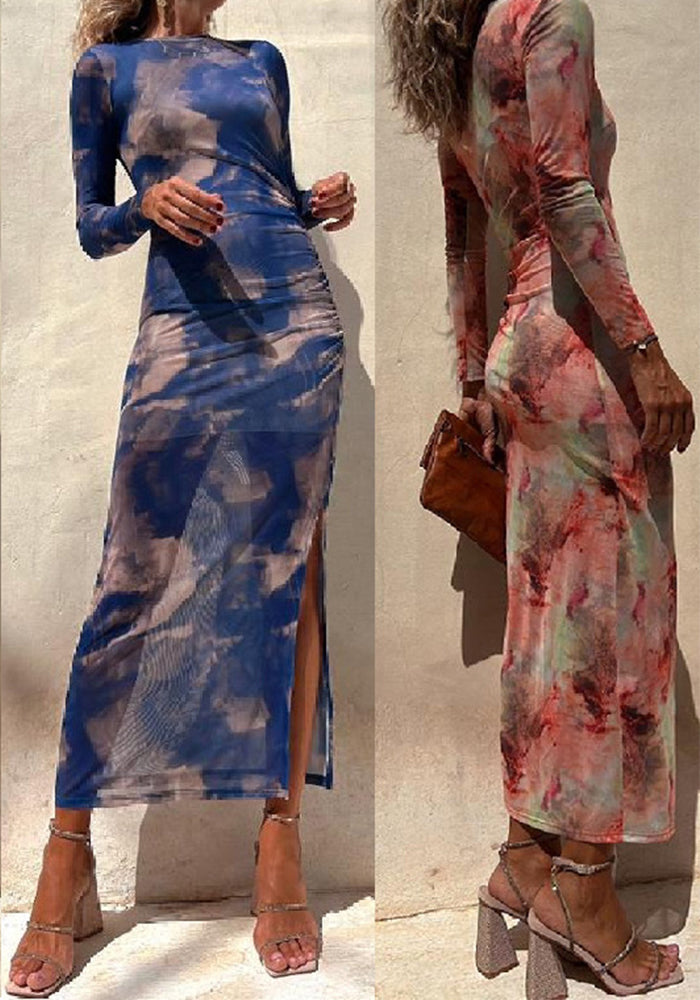 Autumn Mesh Sexy Printed Slim Long-Sleeved Dress