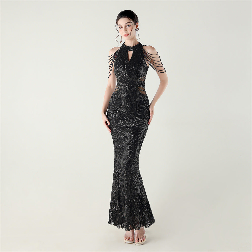 Women beaded chain shoulder sequin halter neck formal party evening dress 7