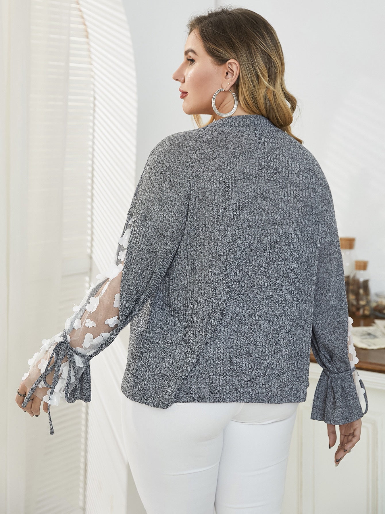 Plus Size Women's Long Sleeve Career Loose Lace Bow Top