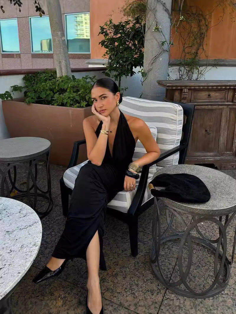 Summer Sexy Women's Halter Neck V-Neck Low Back Pleated Solid Color Chic Long Dress