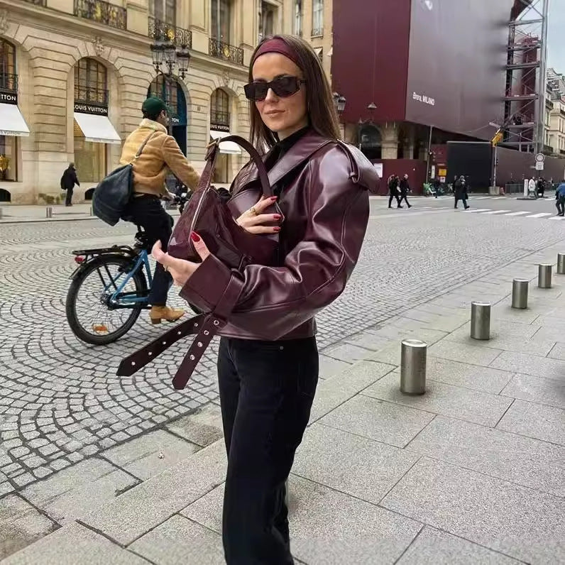 Women's Retro Turndown Collar Leather Jacket 5