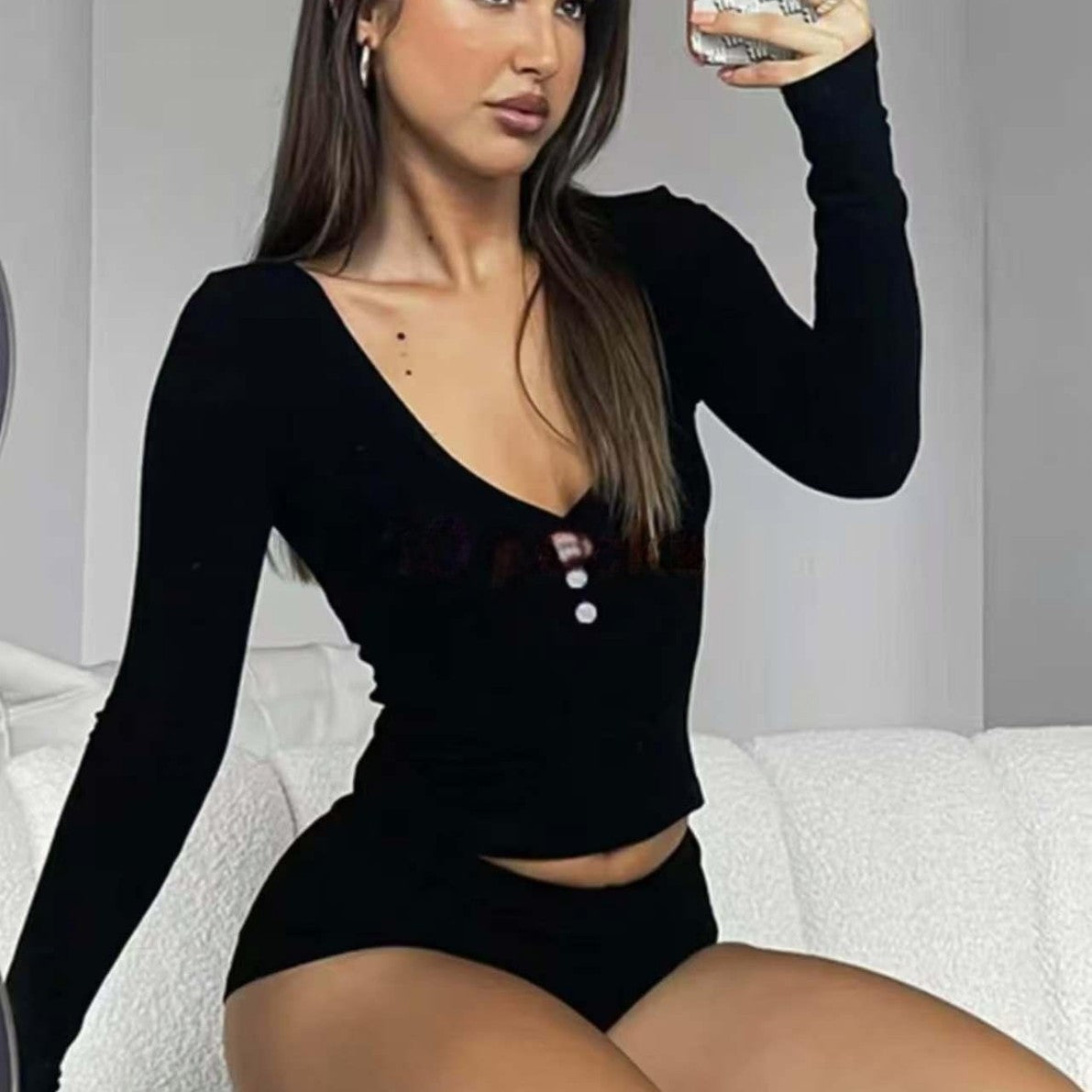 Women long-sleeved button-down round-neck top and shorts (sexy two-piece set) 3