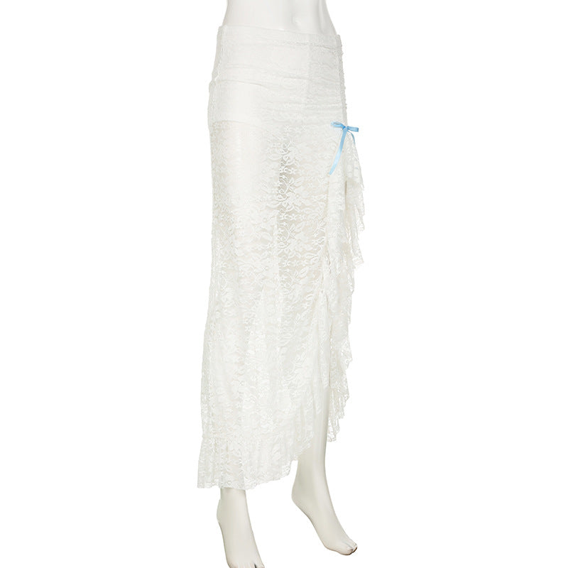 Lace Jacquard See-Through Ruffle Bow Detail Slit Skirt 7