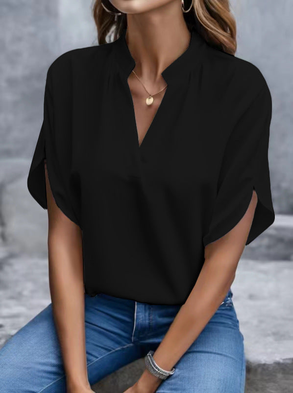Women Summer Casual Solid V-neck Loose Shirt 3