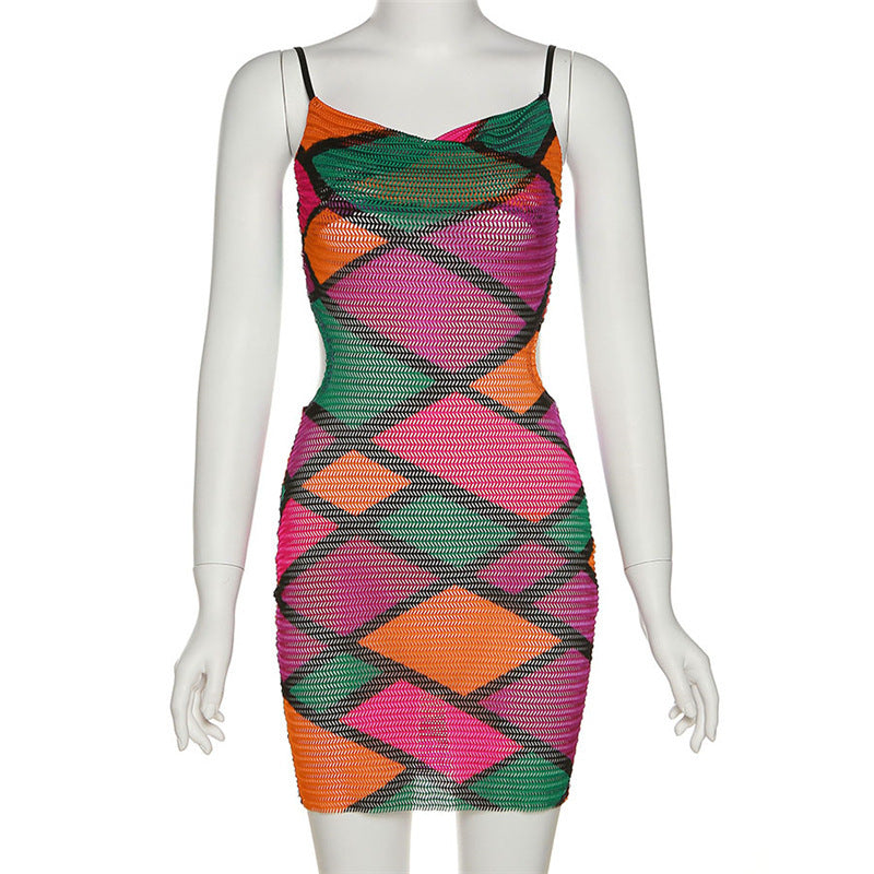 Spring Summer Sleeveless Diamond Multi-Color Straps Low Back Slim Dress 8