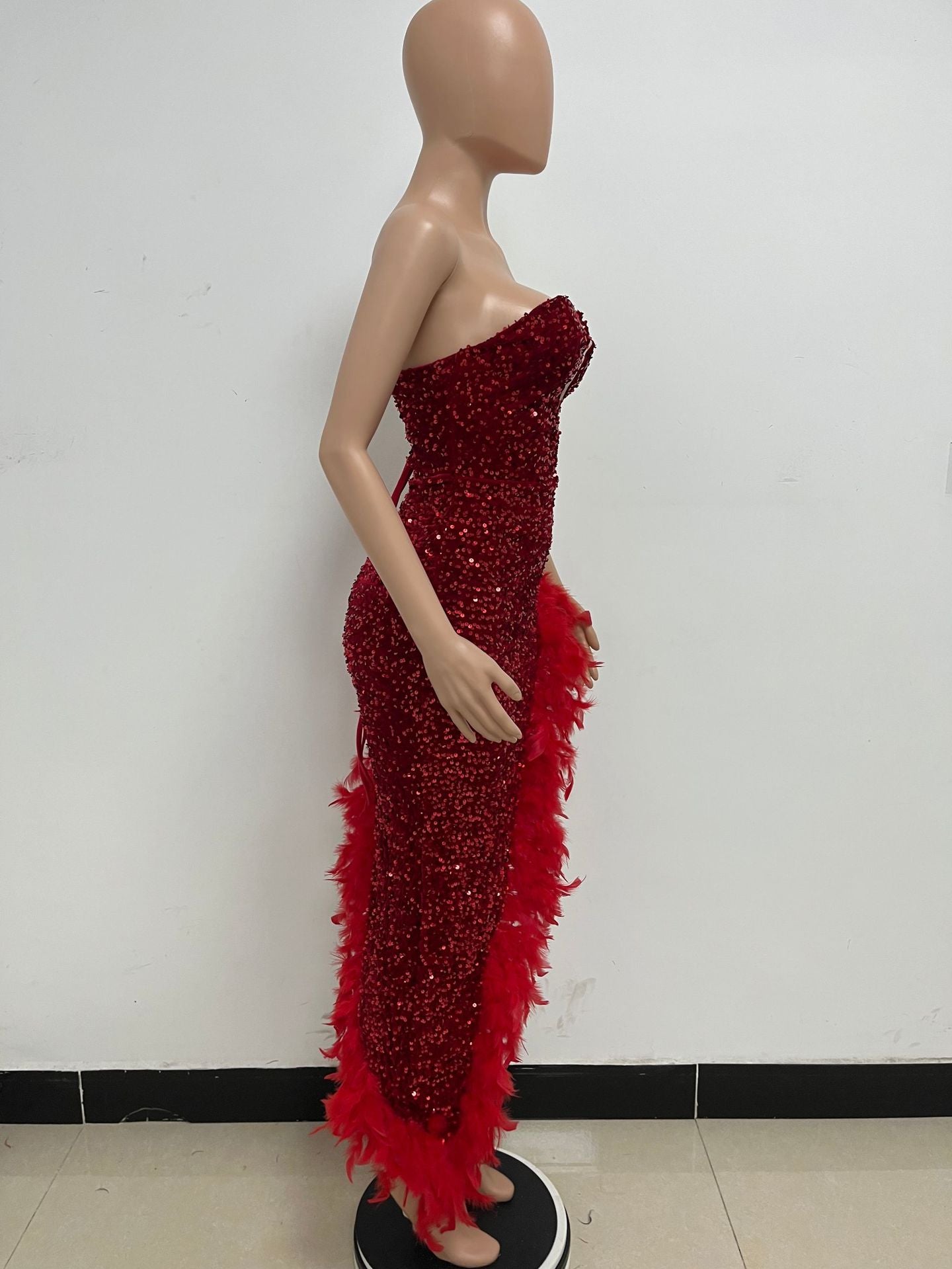 Women Sexy Off Shoulder Backless Sequin Feather Dress 34