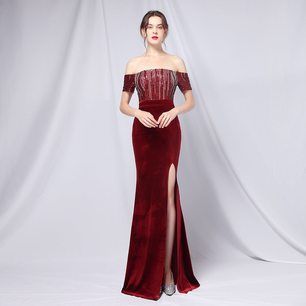 Summer Formal Sequin Upper Off Shoulder Slit Evening Dress 8