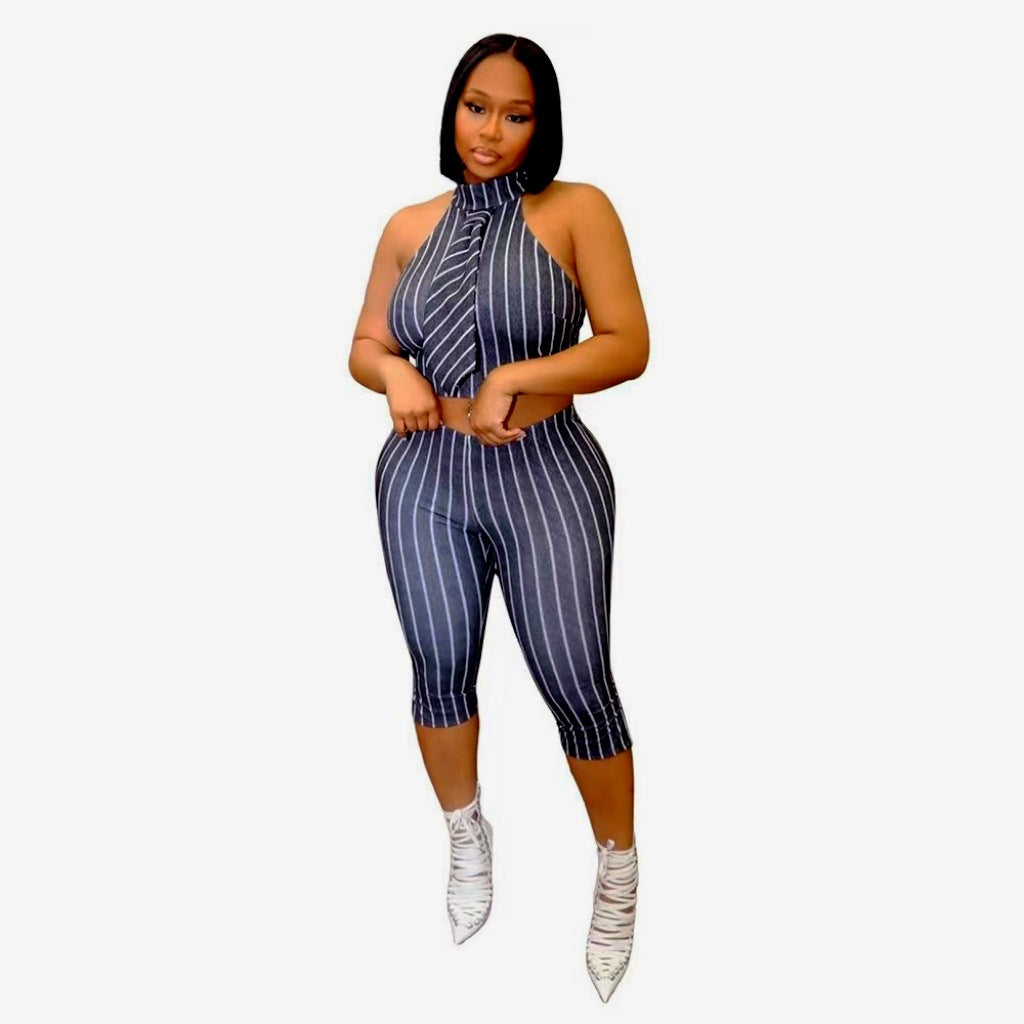 Women Summer Black and White Striped Sleeveless Turndown Collar Vest Top Three-Piece Pants Two-Piece Set