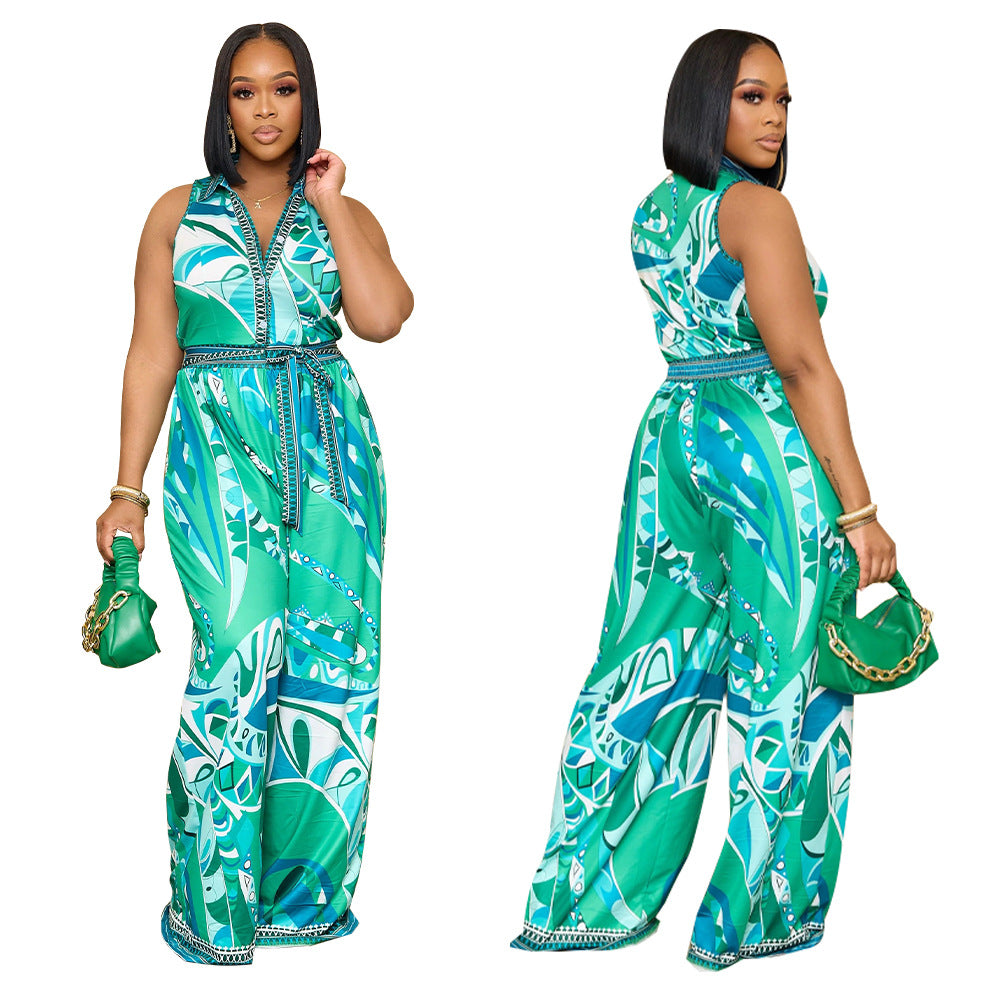 Women's Summer Print Sleeveless V Neck Wide Leg Jumpsuit 7