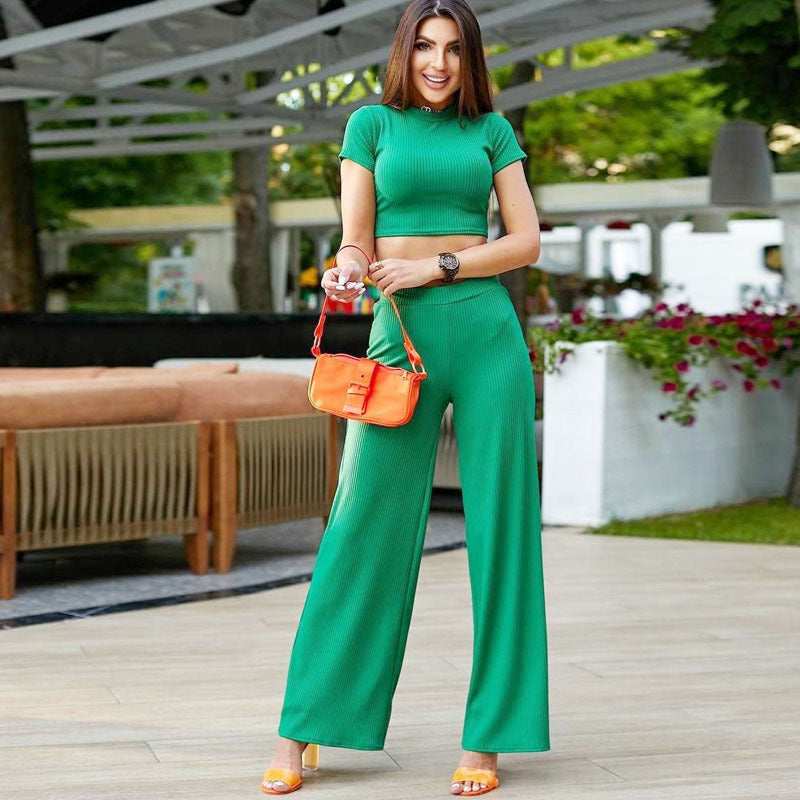 Short-Sleeved Fashionable and Sexy Crop T-Shirt Summer Trousers Two-Piece Set 10