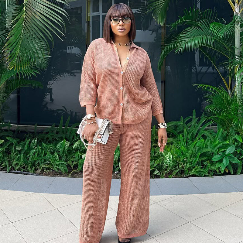 Plus Size Knit Cardigan Wide-Leg Trousers Two-Piece Set 5