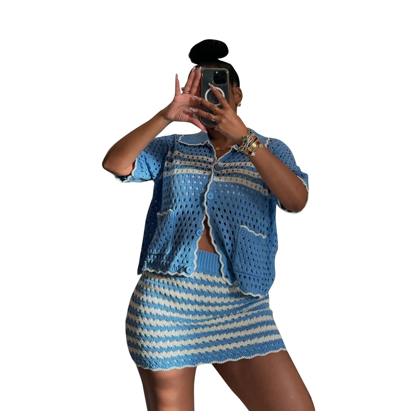 Loose Knit Blazer Cardigan Shorts Set Women’s Casual Outfit 8