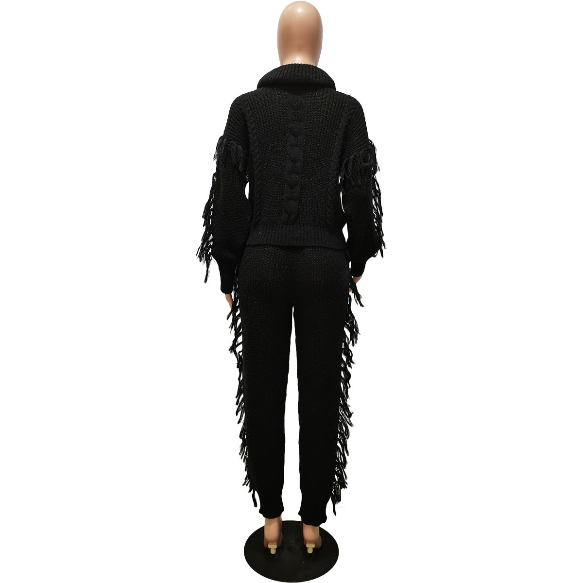Women's Fashion Casual Solid Color Knitting Long Sleeve Turtleneck Tassel Set 14