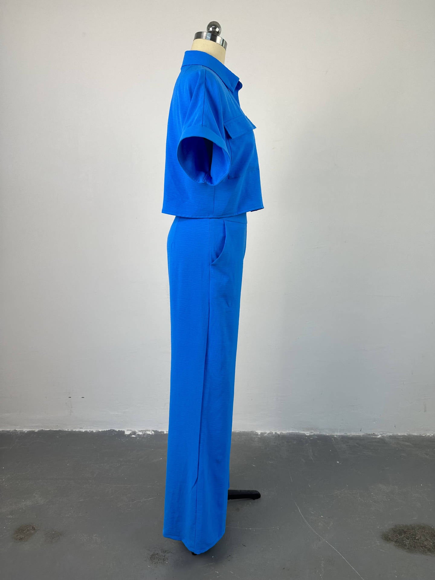 Women Casual Solid Turndown Collar short-sleeved shirt and wide-leg Pant two-piece set 14