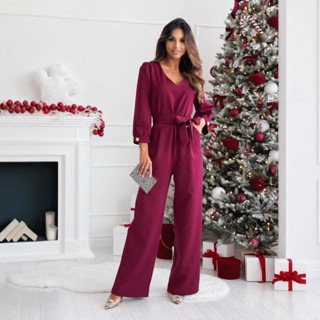 Women Solid V-Neck Lace Wide Leg Jumpsuit 5
