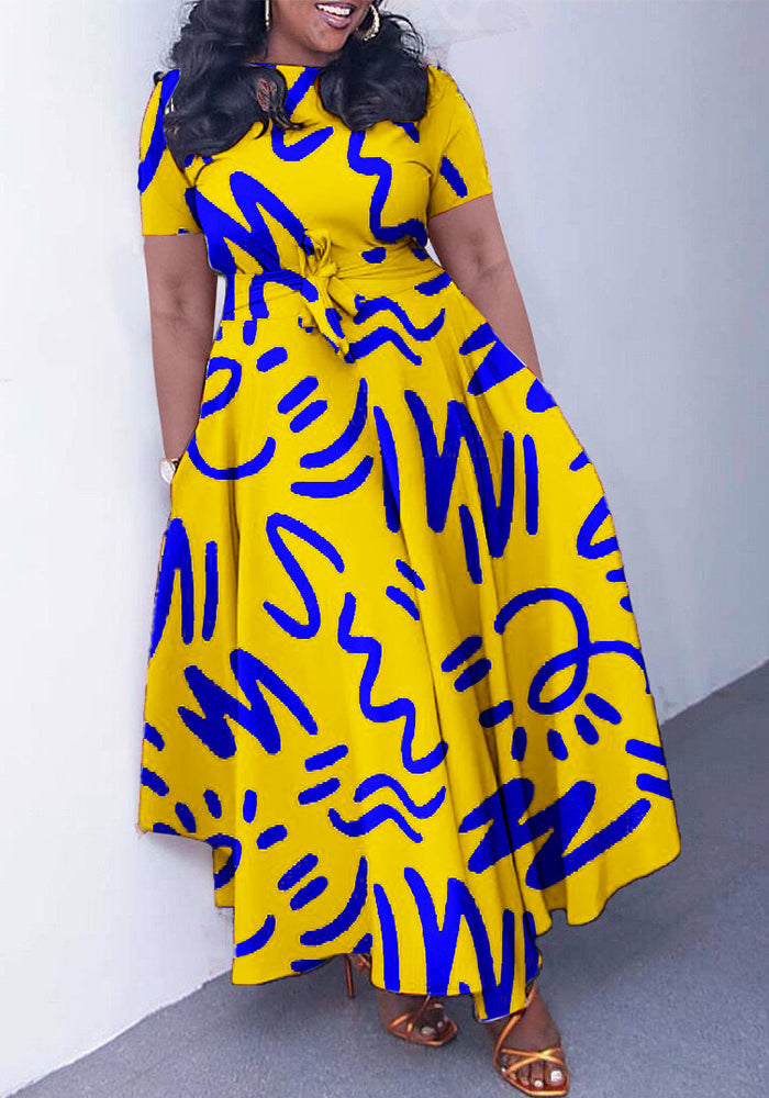 Women's Belt African Print Short-Sleeve A-line Dress