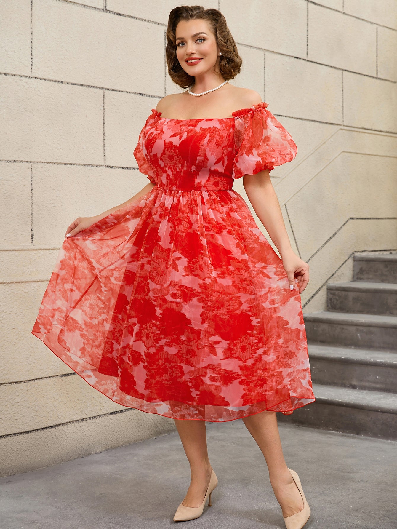 Plus Size Women Red Print Off Shoulder Puff Sleeve Dress 5