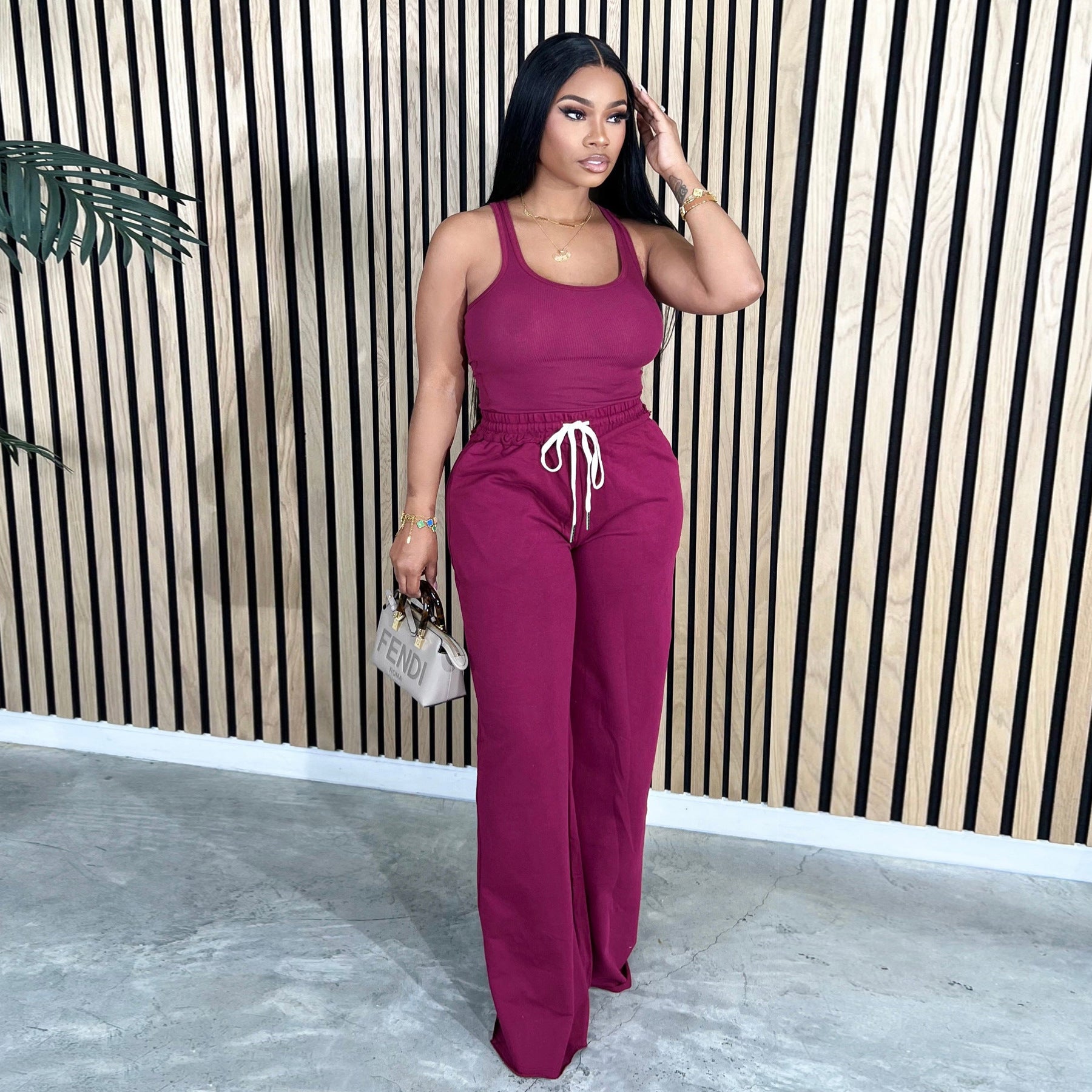 Women sexy tank top and belted Pants Casual two-piece set 3