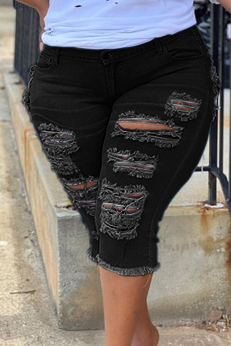 High Waist Elastic Plus Size Ripped Denim Pants 3