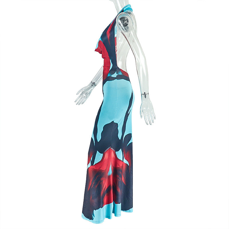 Fashion Printed Casual Ruched Halter Neck Draped Low-Back Long Dress 5