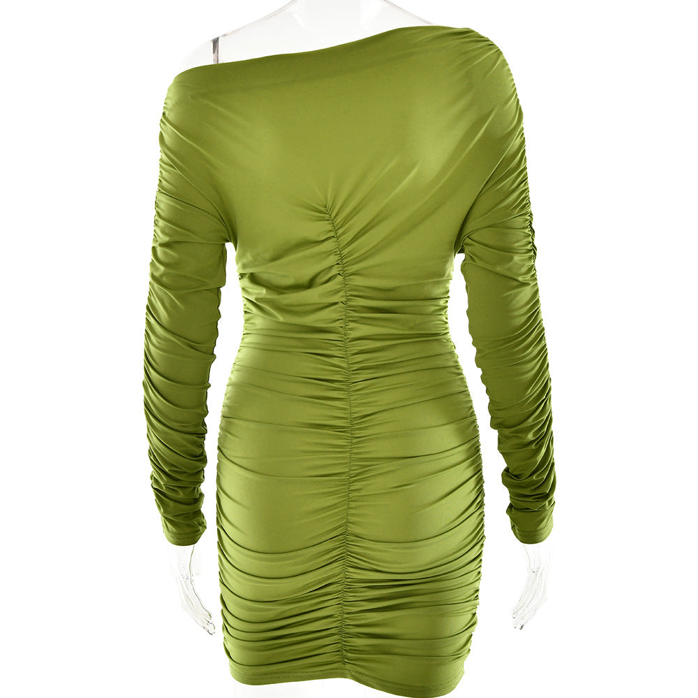 Autumn Winter Chic Solid Round Neck Long Sleeve Pleated Slim Dress 7