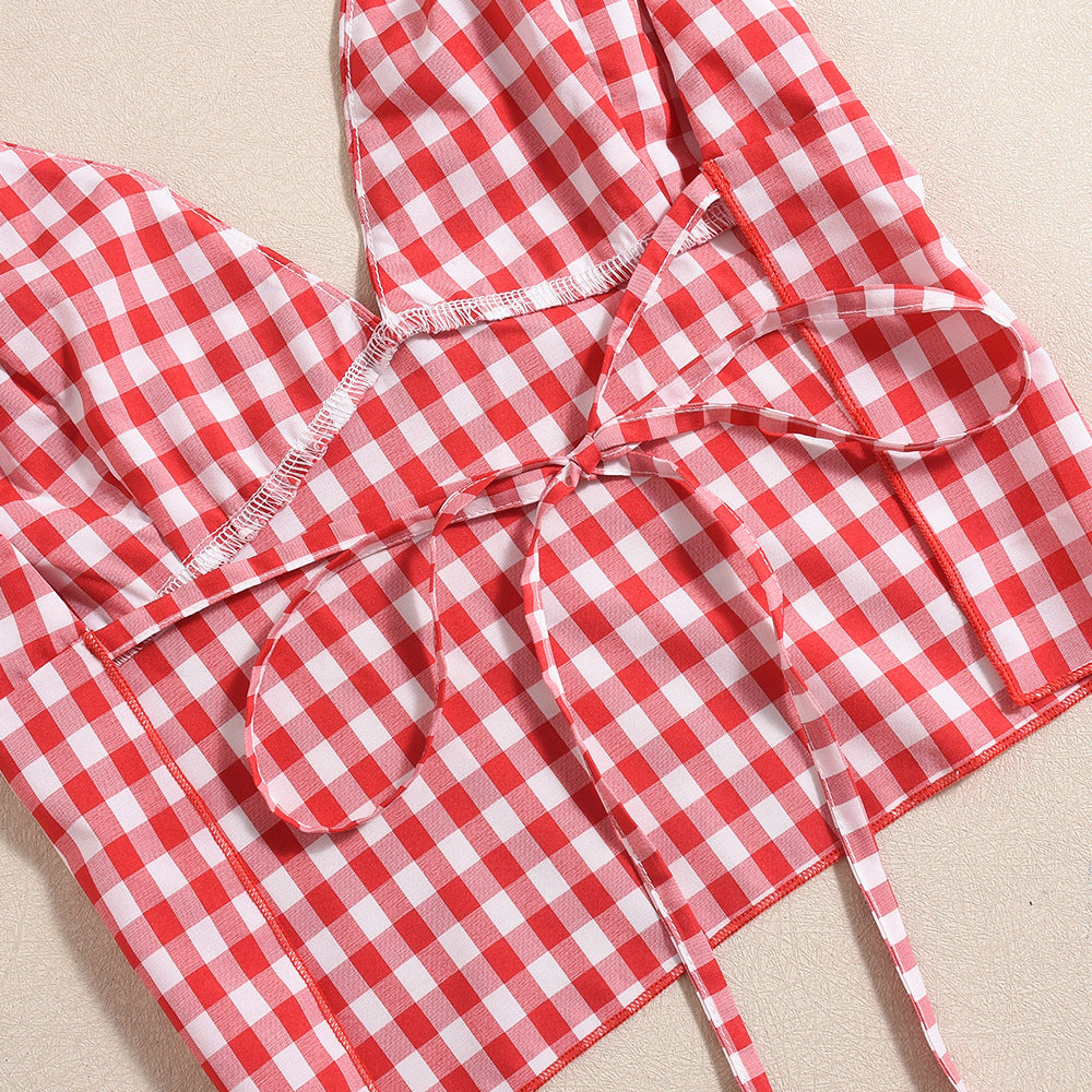 Summer Lace-Up Plaid  Two Piece Shorts Set 13