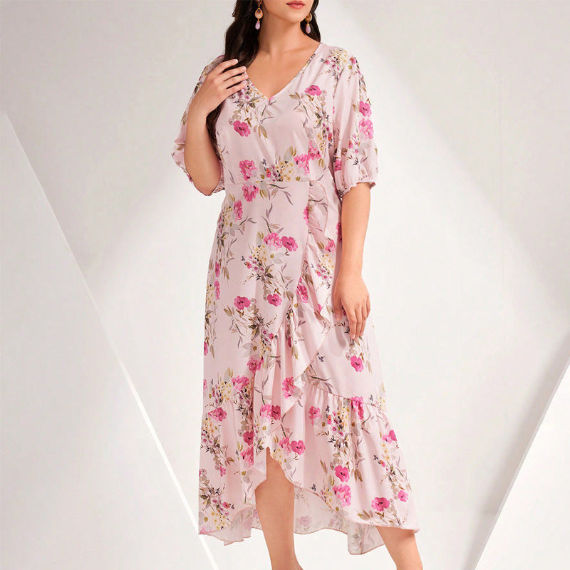 Plus size Women ruffled patchwork print v-neck short-sleeved dress 4