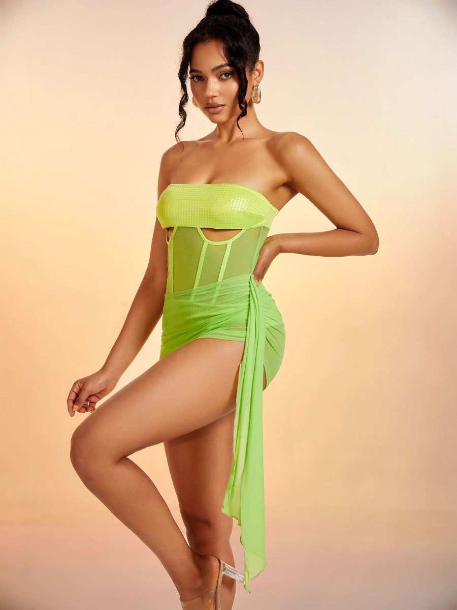 Women Beach Holidays Sexy Strapless See-Through Mesh Dress 5