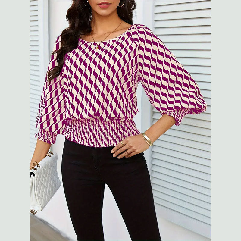 Spring Women's Lantern Sleeve Top & Slim Waist Contrast Print Long Sleeve T-Shirt 12