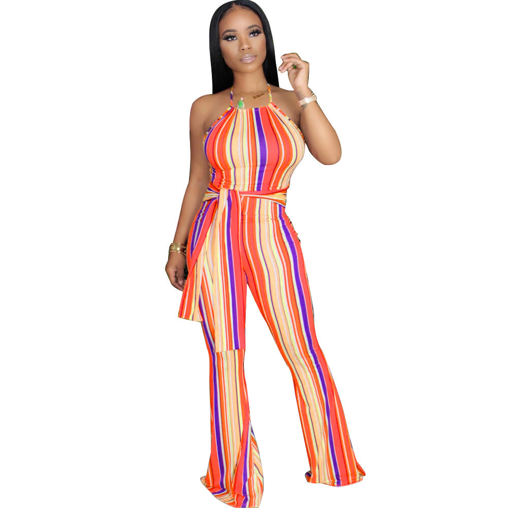 Multi-Color Striped Halter Neck Slim Fit Bell Bottom Women's Jumpsuit 9
