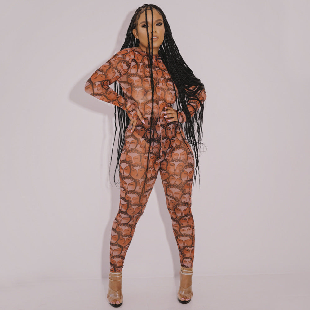 Women Printed Sexy See-Through Jumpsuit 5