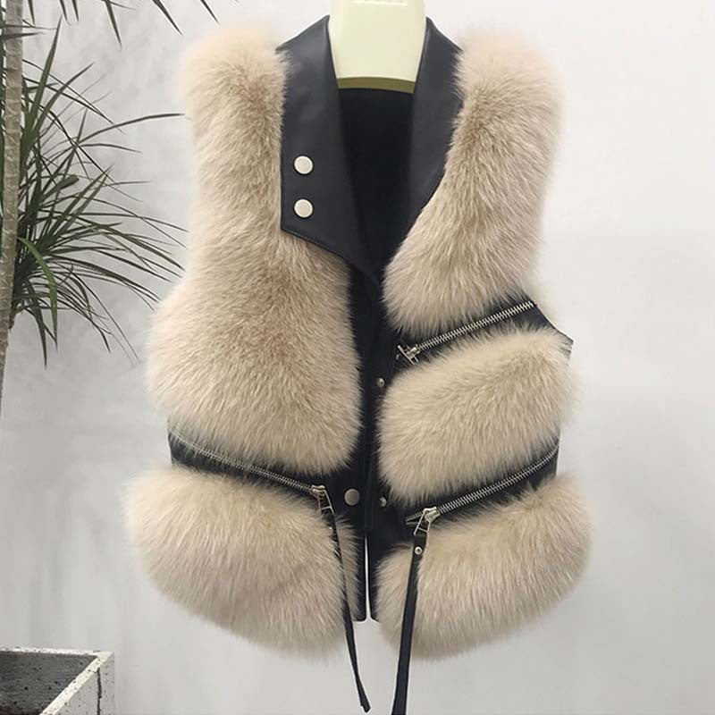 Autumn Winter Fox Fur Vest Turndown Collar Zipper Short Patchwork Faux Fur Fashion Sleeveless Coat 3
