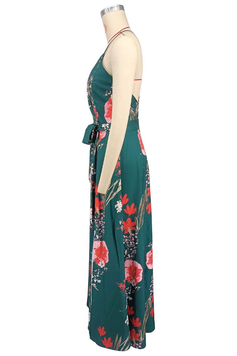 Women V Neck Suspender Printed Backless Slit Casual Holidays Beach Maxi Dress 8