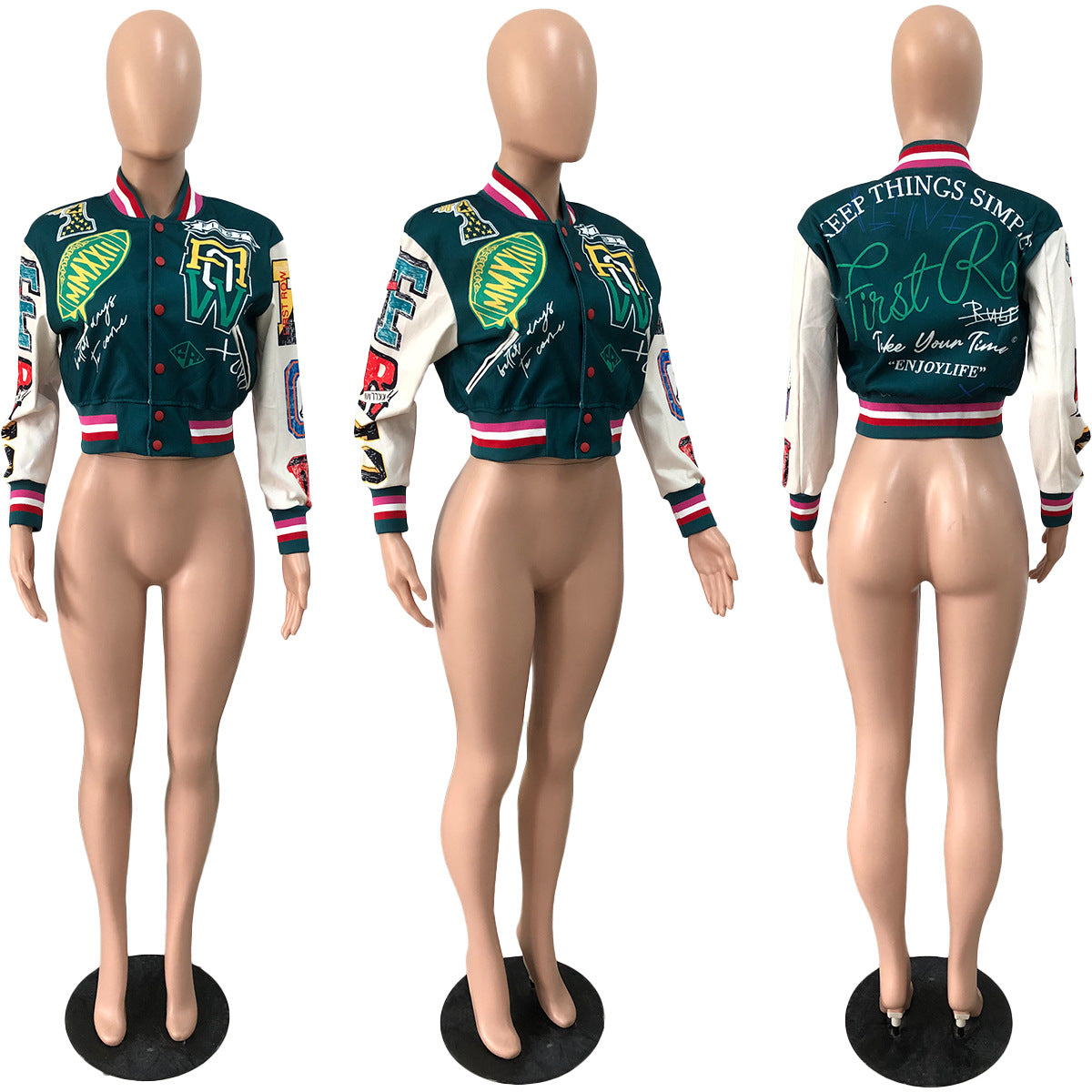 Women Ribbed Print Baseball Jacket 27