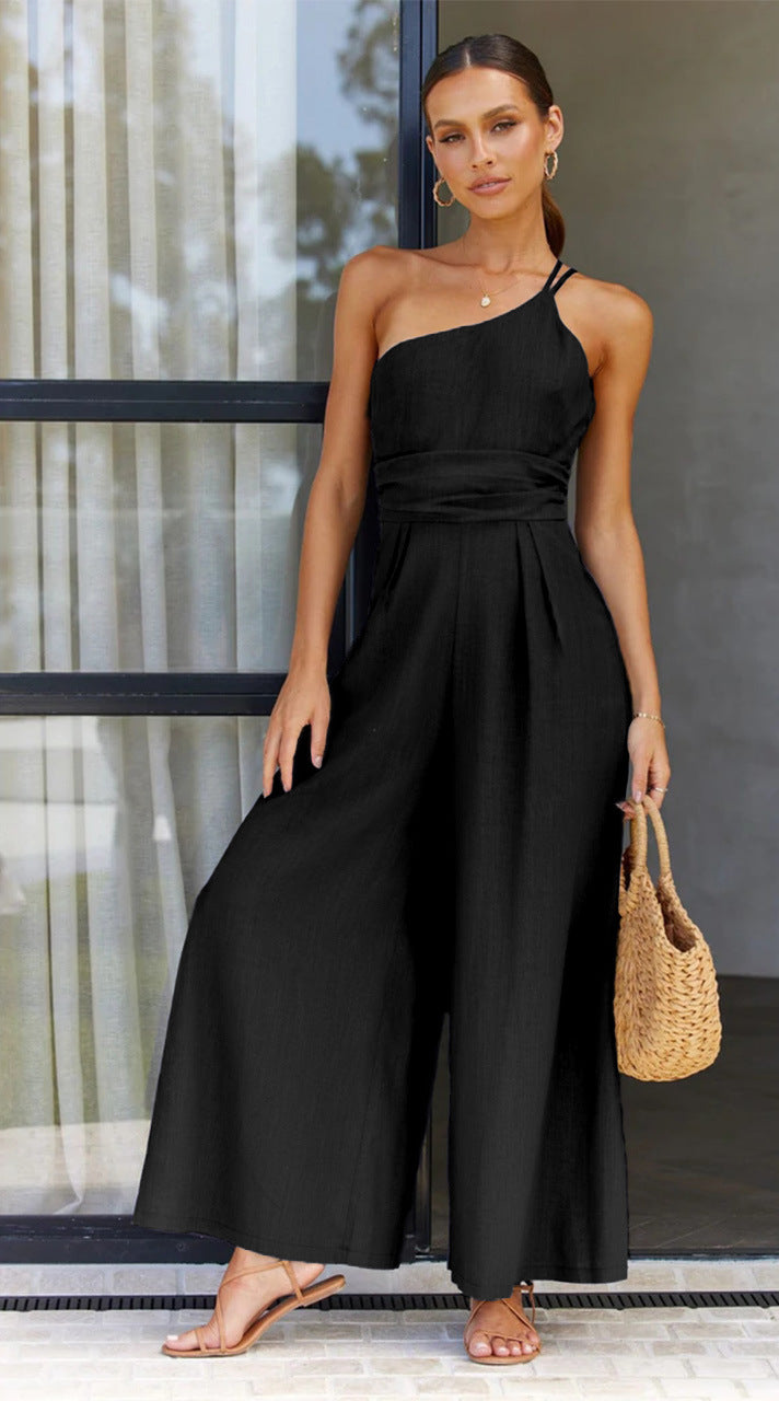 Women's Spring/Summer Solid Color Loose Wide Leg Linen Jumpsuit 31