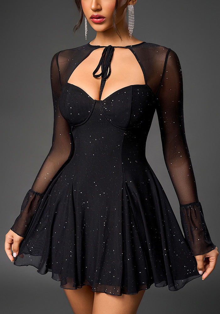 Mesh Bell Sleeve DSequin See-Through Mini Dress