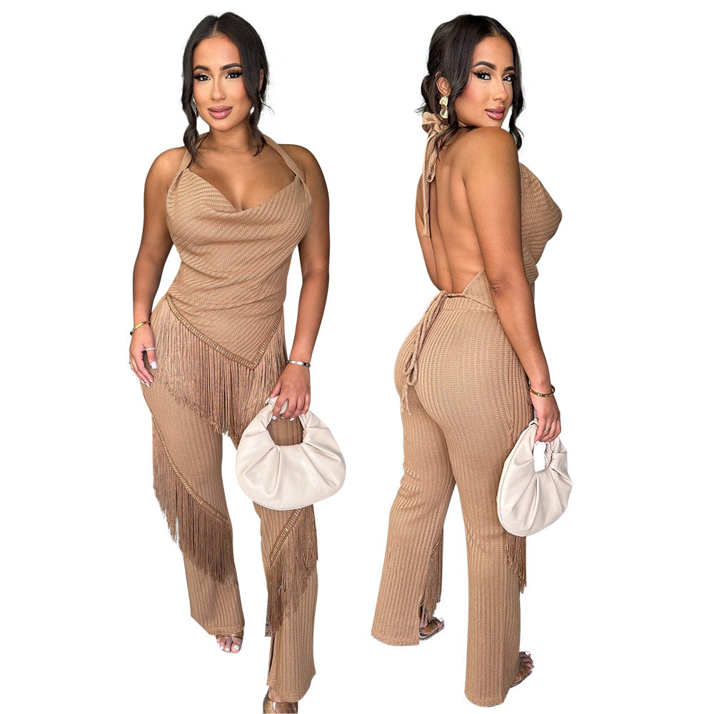Women Halter Neck lace-up sleeveless Backless Top and sexy tassel trousers 5