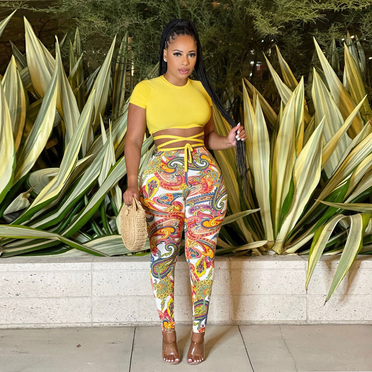 Women Sexy Short Sleeve Top+ Printed Trousers Two-piece Set 3