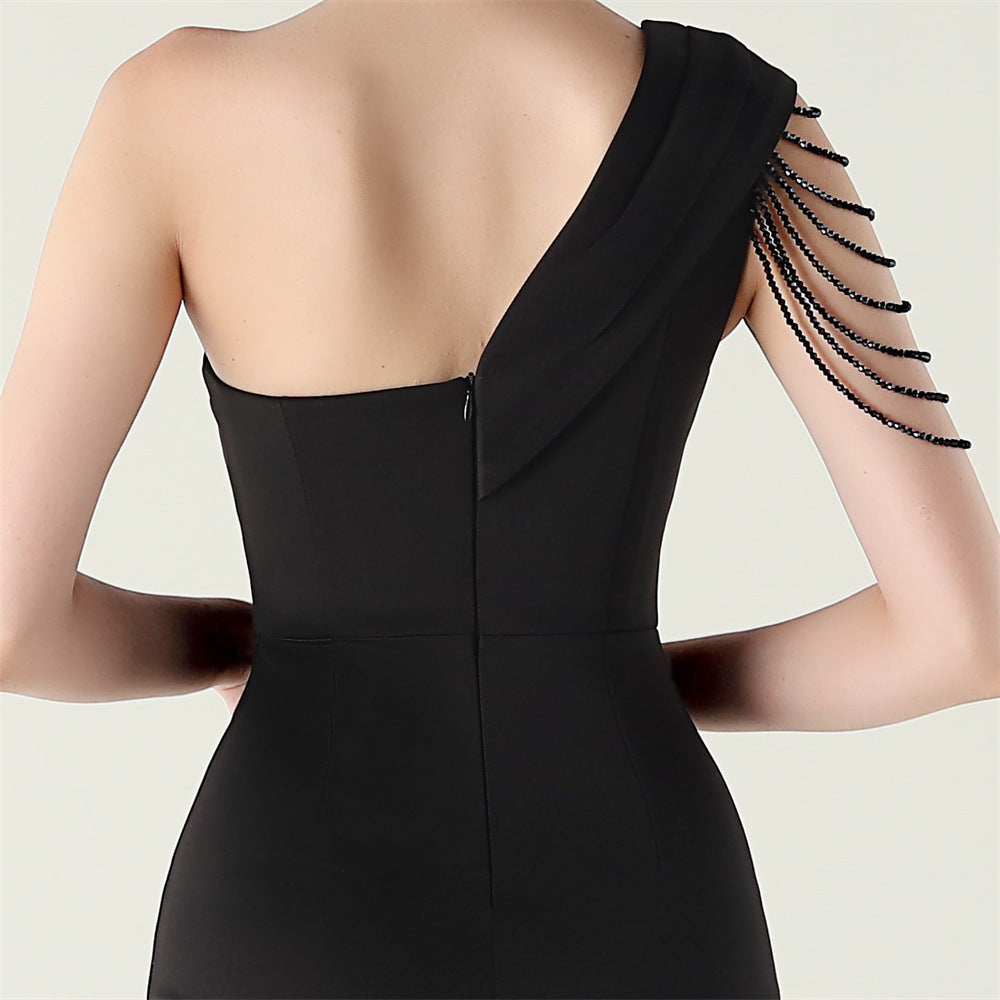 Women sexy and elegant evening beaded one-shoulder slit evening dress 24