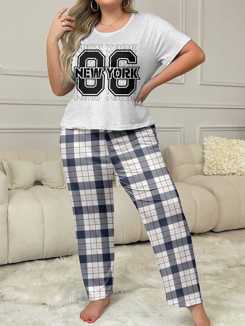 Summer No.96 Print Short Sleeve Top Plaid Pants Women's Home Clothes Plus Size Pajamas